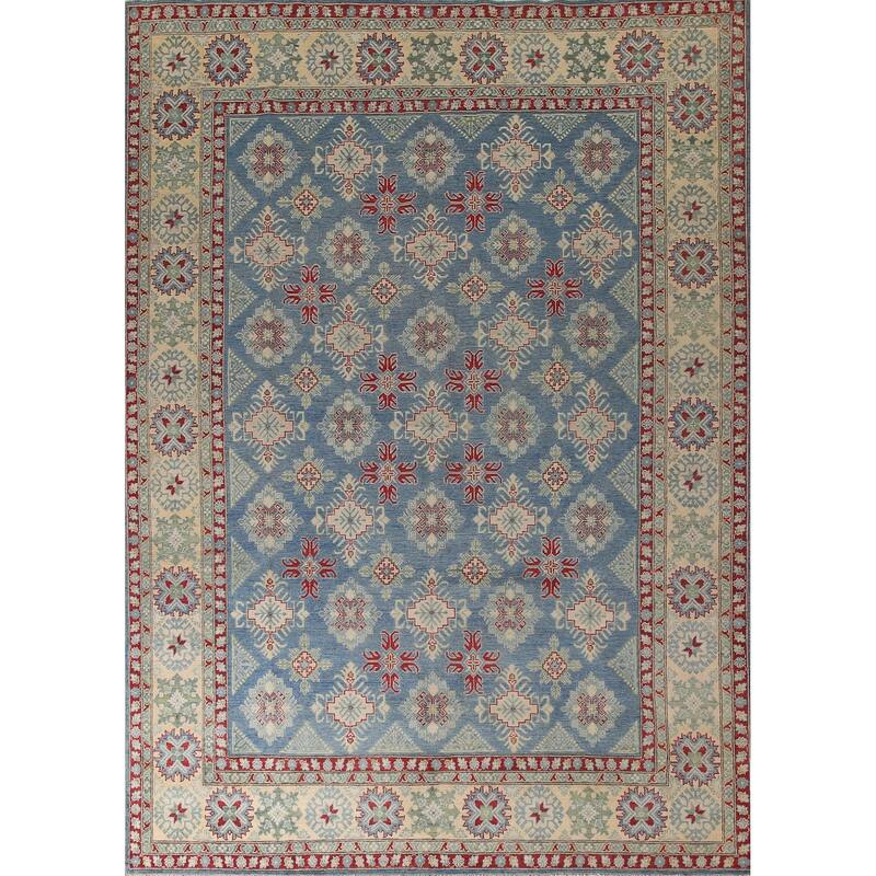Blue Geometric Kazak Oriental Area Rug Handmade Wool Carpet - 9'2" x 12'4"