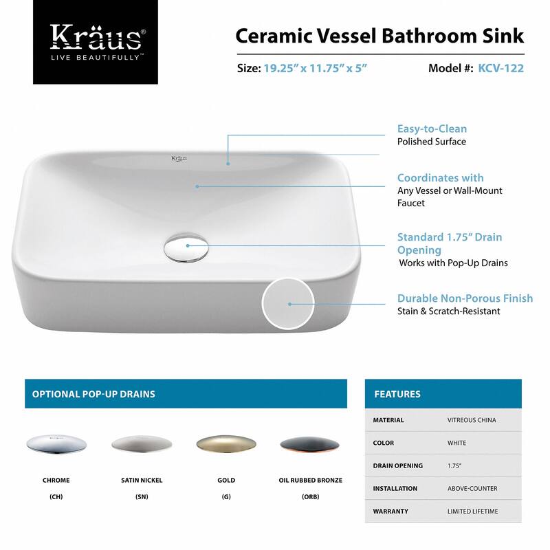 Kraus 19-1/4" Ceramic Vessel Bathroom Sink - Includes Pop-Up Drain