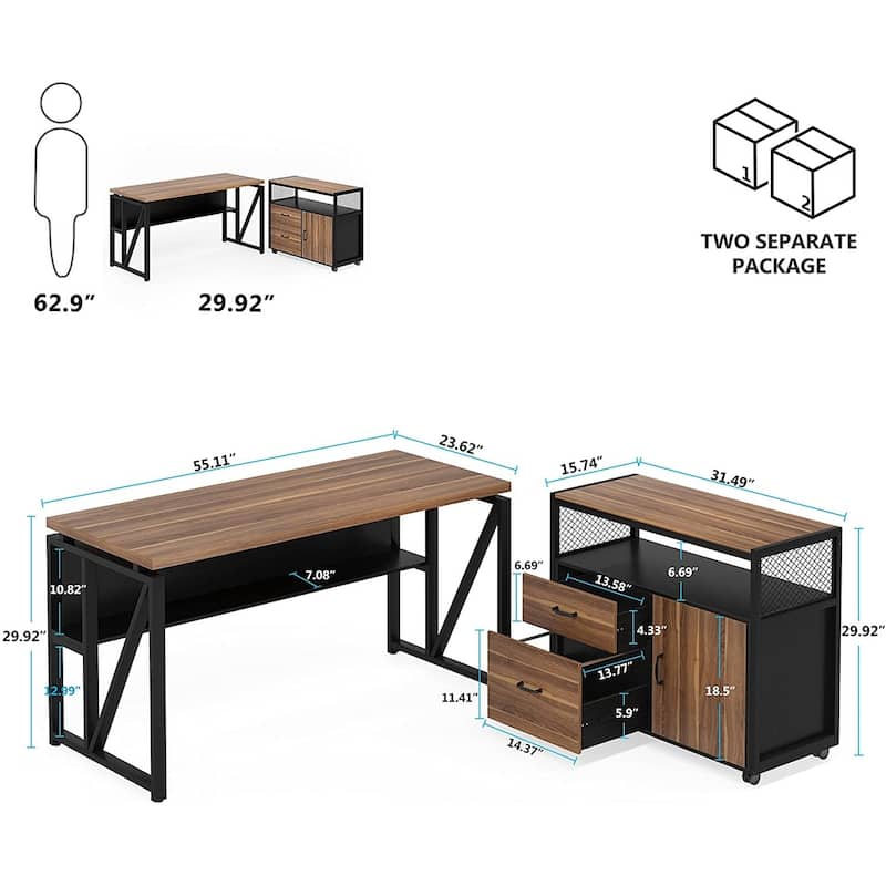 55 inches computer desk and 32 inches file cabinet 2 Piece Home Office Furniture with Bookshelf,Double Drawers