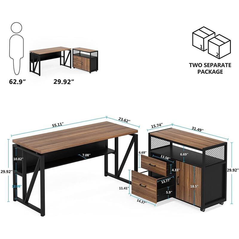 L Shaped Desk with Drawer, Executive Desk and lateral File Cabinet, 2 Piece Home Office Furniture