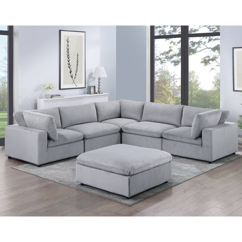 6 Piece Corduroy Upholstered Modular Sectional Sofa with Ottoman