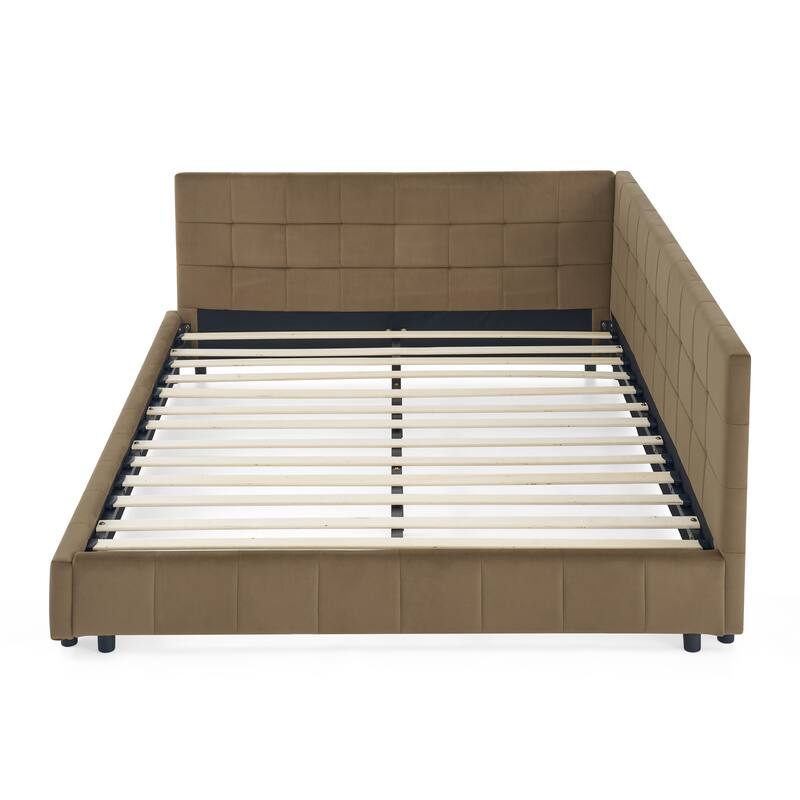 Queen Size Upholstered Tufted Daybed, Velvet Fabric Queen Bed Frame with L Shaped Backrest and Armrests, Wood Slats Support