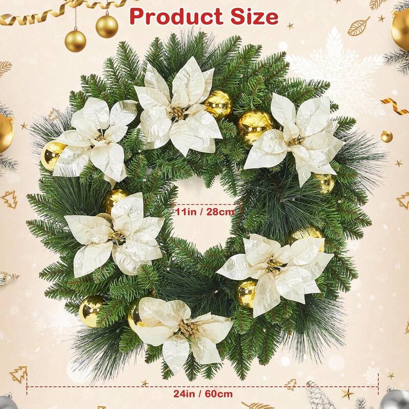 24 Inch Pre-Lit Christmas Wreaths for Front Door 60cm Xmas Wreath Artificial Wreaths with 50 Lights - N/A