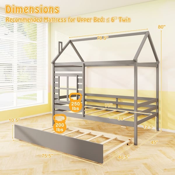 dimension image slide 0 of 2, Gymax Twin Size House Bed with Trundle Wooden Platform Bed w/ Roof