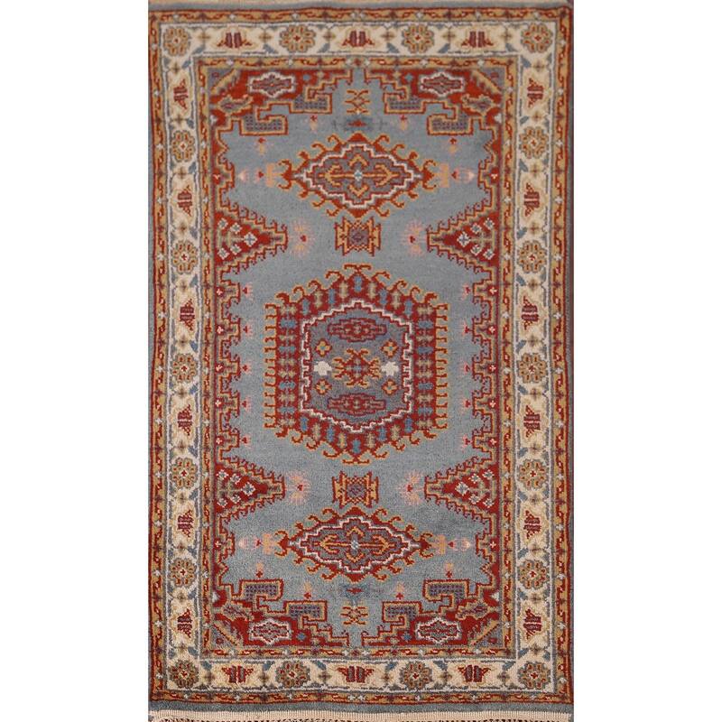 Blue Geometric Viss Oriental Accent Rug Hand-Knotted Wool Carpet - 2'11"x 5'3"