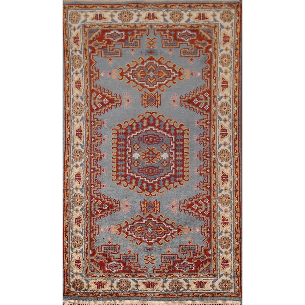 Blue Geometric Viss Oriental Accent Rug Hand-Knotted Wool Carpet - 2'11"x 5'3"