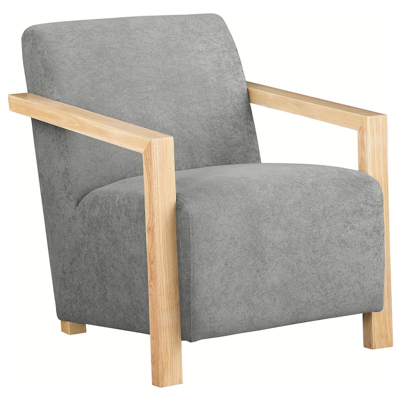 Ellon Accent Armchair, Soft Light Gray Cushioned, Natural Brown Wood