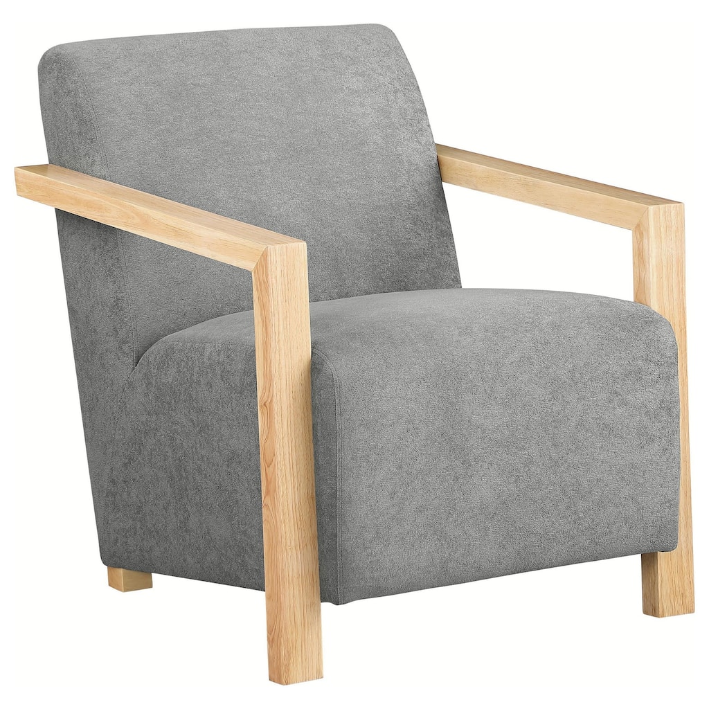 Ellon Accent Armchair, Soft Light Gray Cushioned, Natural Brown Wood
