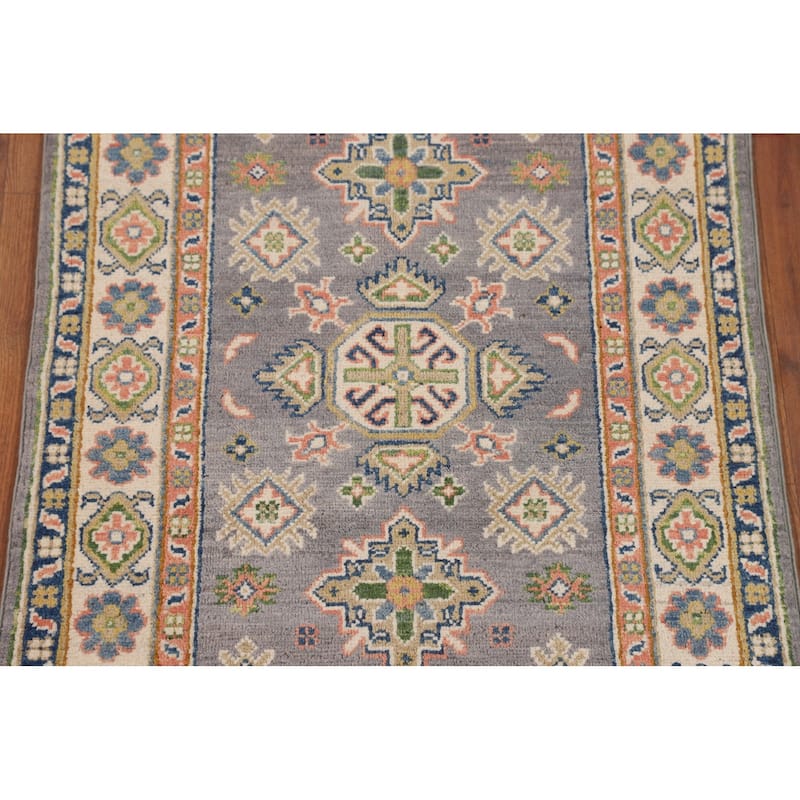 Gray Kazak Foyer Rug Hand-Knotted Geometric Wool Carpet - 2'7" x 4'2"