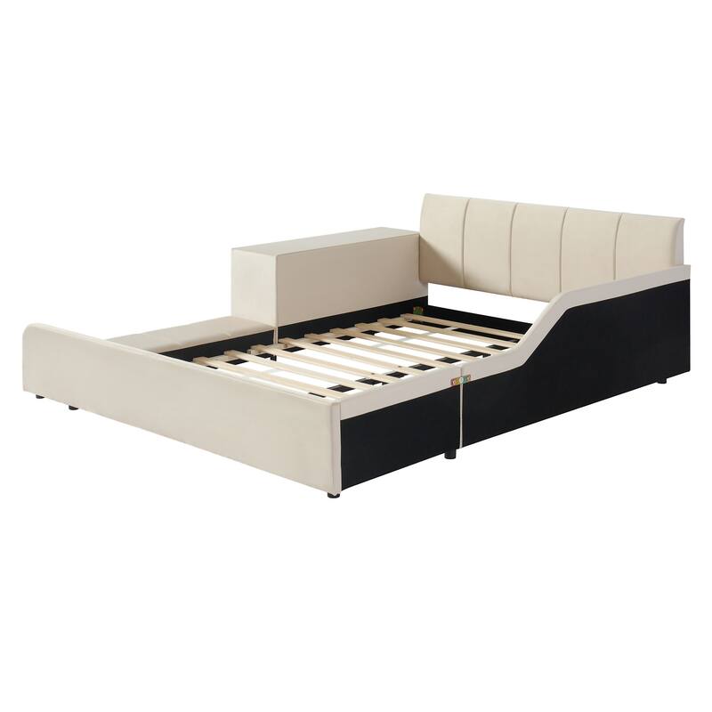 Roomfitters Full/Queen Size Upholstered Grounded Platform Bed with Bedside Desk and Round Stool, Velvet Fabric Bed Frame