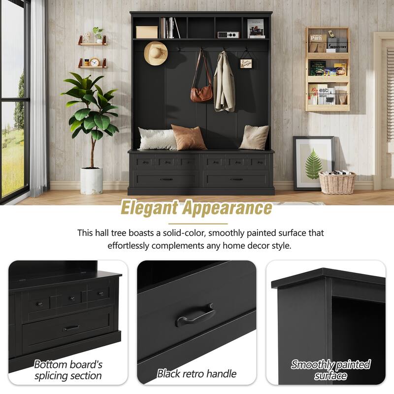 Modern Storage Rack with Black Handles, 5 Hooks, 3-in-1 Coat Rack with 2 Drawers, Ideal for Living Room, Entryway, Hallway