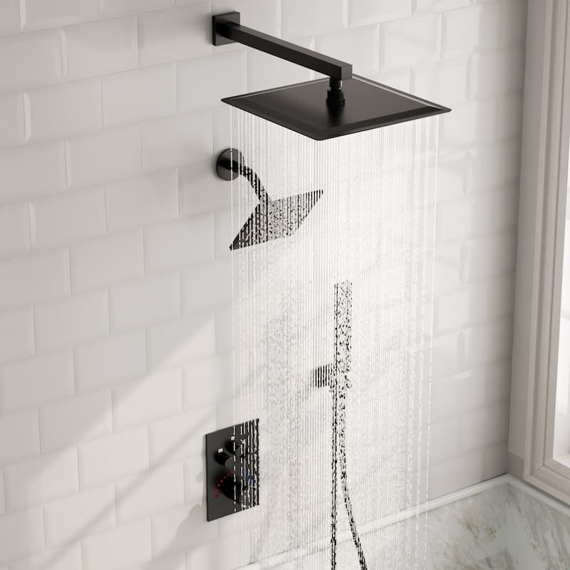 GRANDJOY 3-Function Thermostatic Shower System 12'' Rainfall Shower Head with Anti-Scald Valve