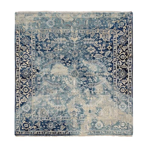 Shahbanu Rugs Navy Blue, Broken Persian Heriz Erased Design Wool and Silk, Hand Knotted, Square Oriental Rug (8'0" x 8'2")