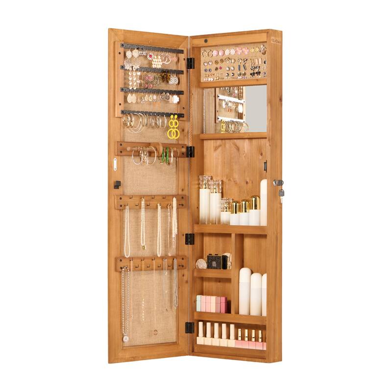 Solid Wood Jewelry Armoire Organizer Cabinet with Full-Length Mirror, 47.5x14.3 in Wall-Mounted Lockable with LED Light