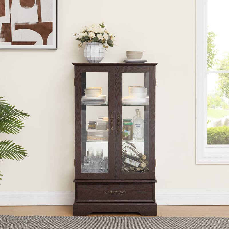GDFStudio - Traditional Storage Lighted Curio Display Cabinet with Glass Doors and Drawer