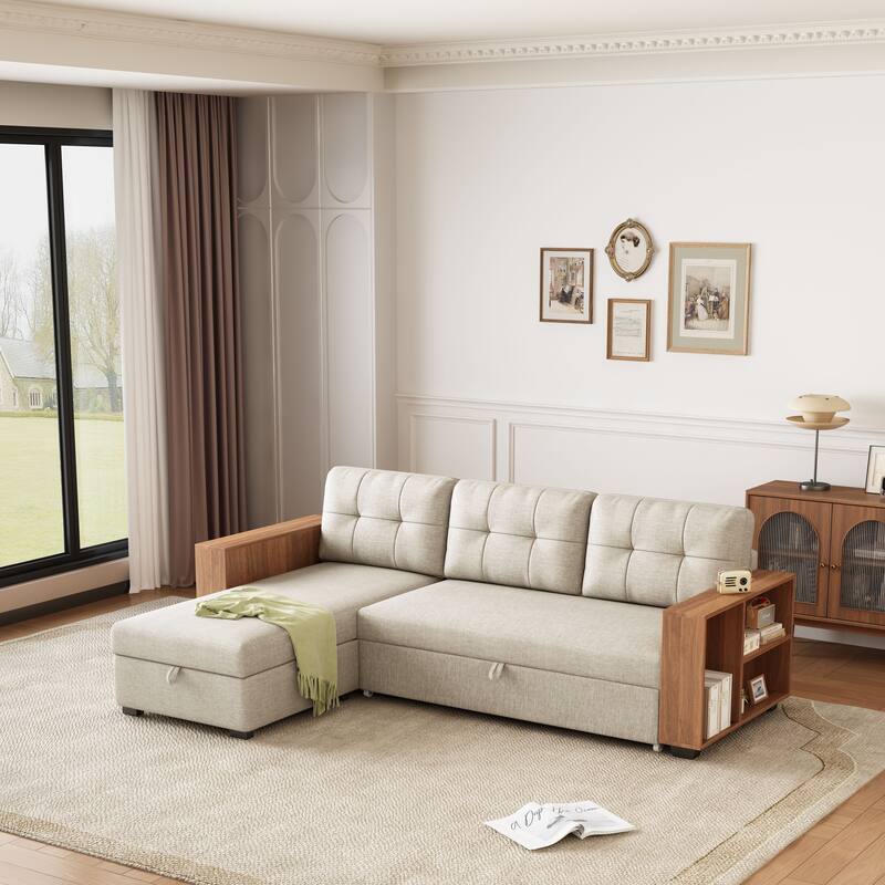 Beige 84'' Corner 3-Seater Sectional Sofa with Convertible Chaise and Storage, Sleek Pull-Out Sleeper and Wooden Armrests - Beige