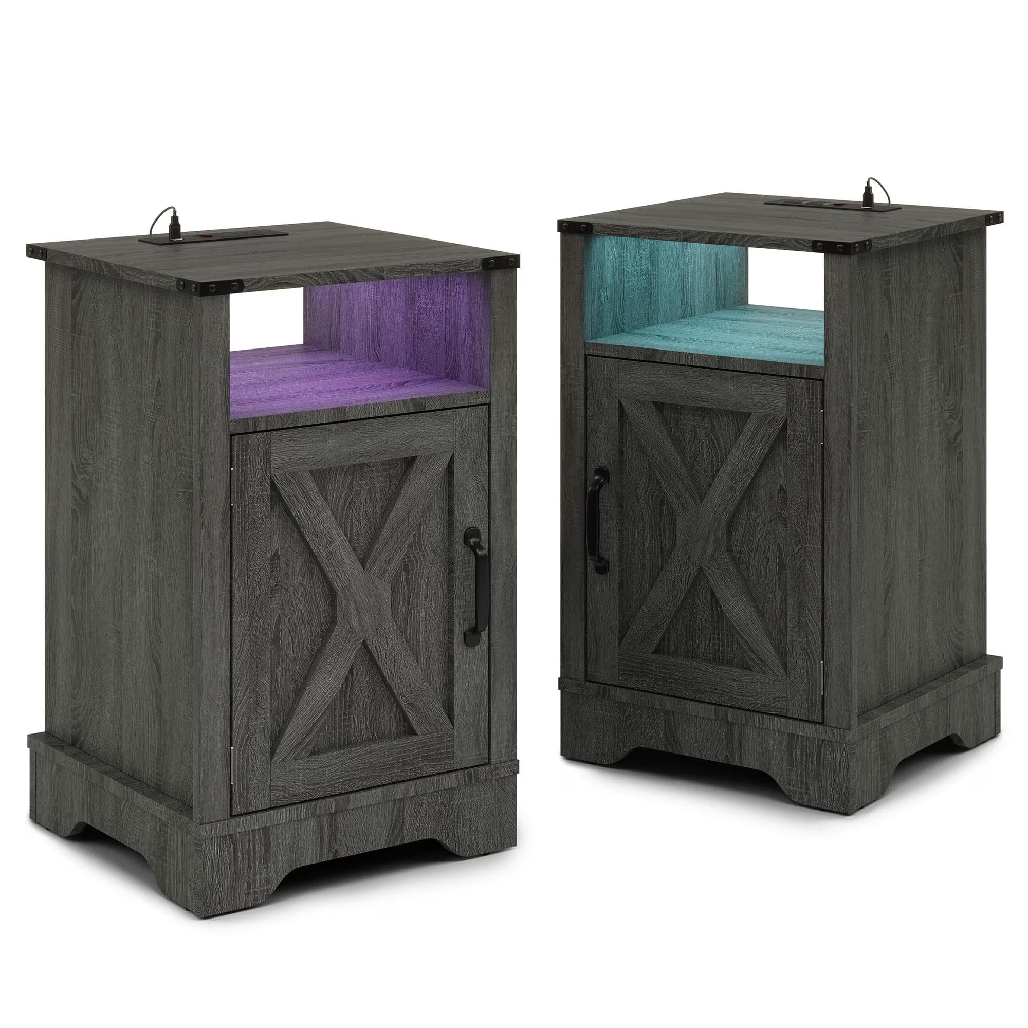 LED Nightstand Set of 2 with Charging Station, Bedside Table with Storage Cabinet and Shelf, Farmhouse Wooden Side Table