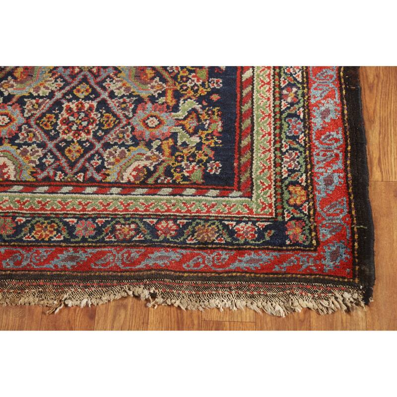 Hand Knotted Oriental 100% Wool Carpet Traditional Floral Navy Blue & Blues Malayer Runner Rug - 12' 8'' X 3' 3''