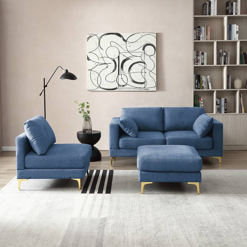 92'' Fabric L-Shape 3-Seater Sofa with Ottoman, Gold Metal Legs, and Toss Pillows