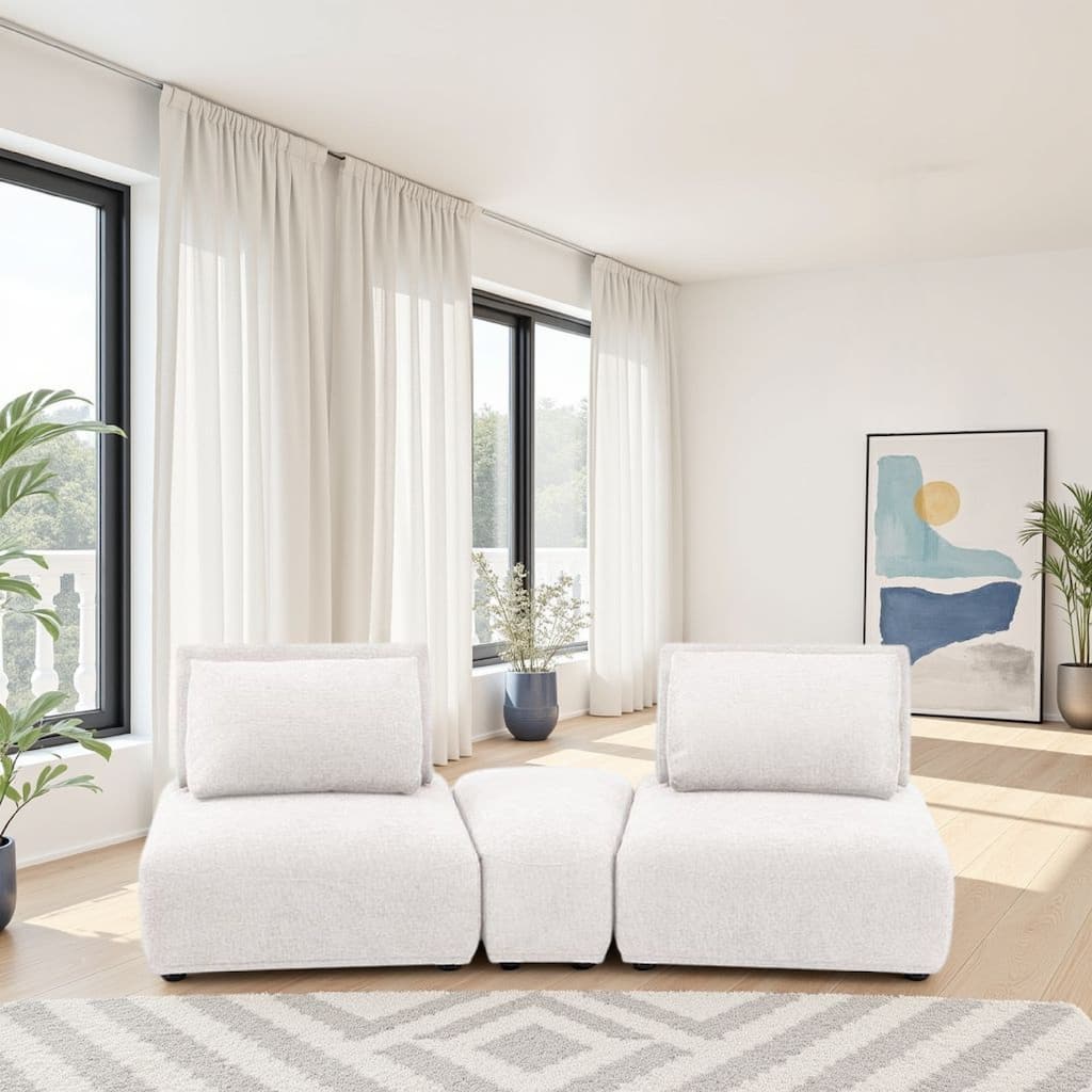 Stavan Modular Curved 2 Seat Sofa, White Boucle, Adjustable Seat Depth