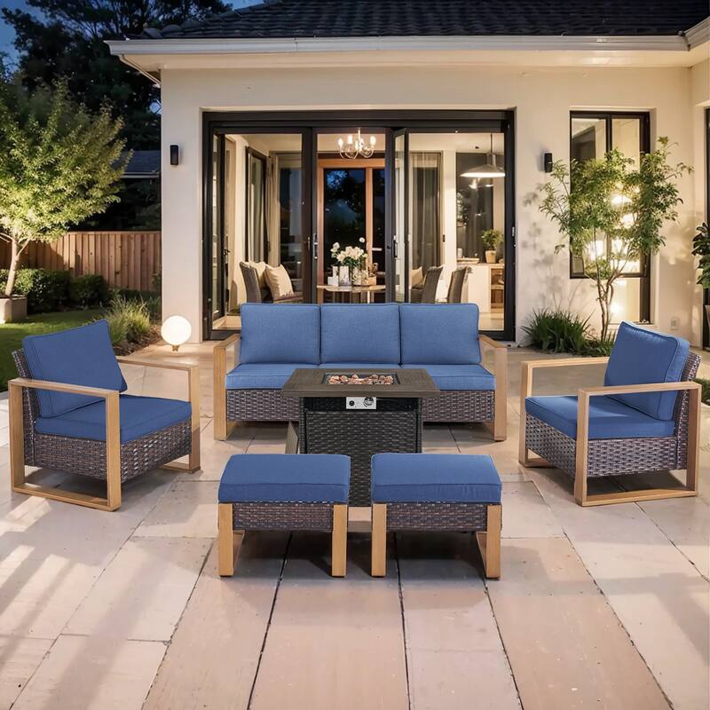 Pocassy Outdoor 30" Fire Pit Table with Sofa Swivel Chair Set - Brown Wicker Blue Cushion - 6-Piece Sofa Patio Chair Ottoman with Fire Table