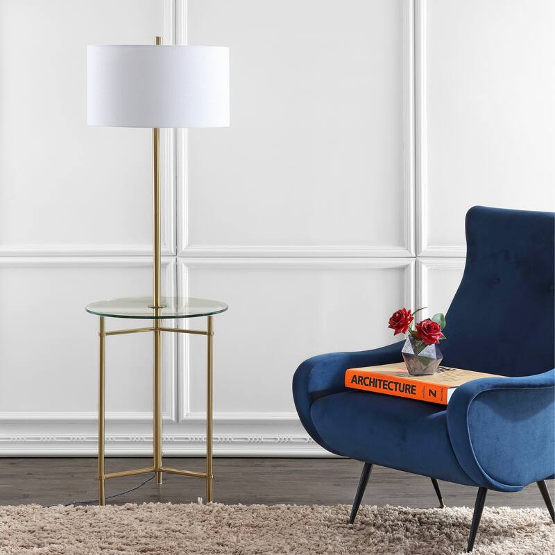Trisha 59" Metal/Glass LED Side Table and Floor Lamp, Brass by JONATHAN Y - Brass Gold - 59" H x 18" W x 18" D