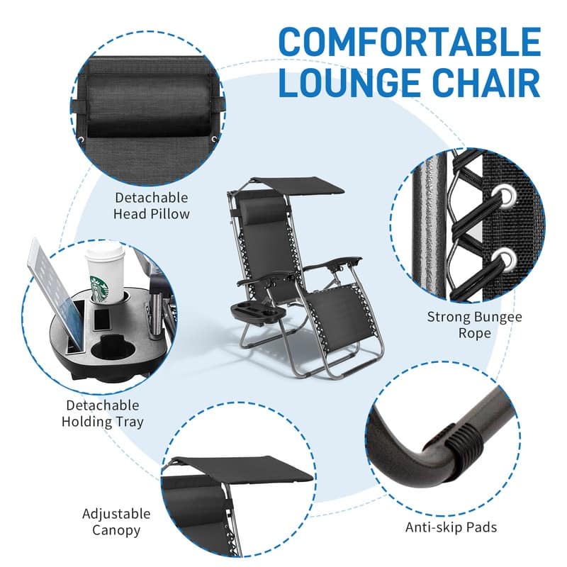 Patio Single Zero Gravity Folding Lounge Recliner Chair with Canopy and Cup Holder
