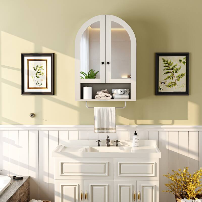 Wall Mounted Arched Cabinet with Mirrored Doors and Adjustable Shelves for Laundry Room, Bathroom, Kitchen