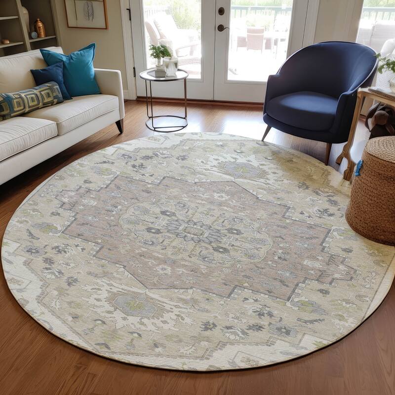 Machine Washable Indoor/ Outdoor Traditional Medallion Chantille Rug - Ivory - 8' x 8'