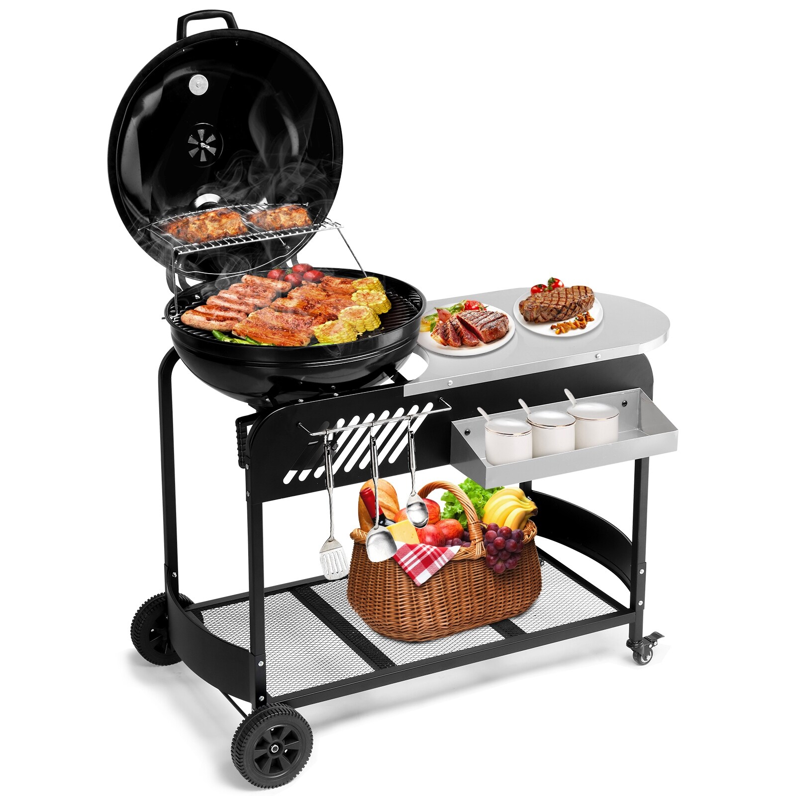 Portable Charcoal Grill With Wheels And Sidetable, Large Bbq