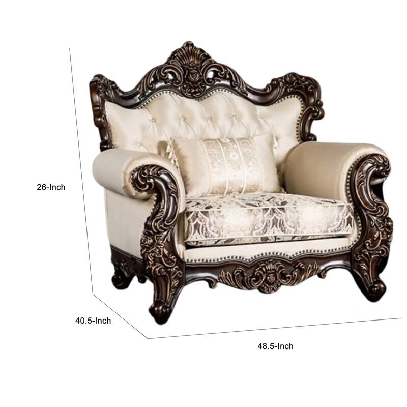 Puhi Accent Armchair w Lumbar Pillow, Beige Fabric, Ornate Carved Wood