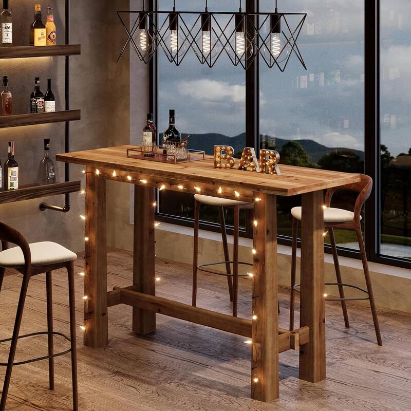 63" Long Solid Wood Bar Table for Kitchen, Home Bar, Café or Restaurant - Antique White/Merlot