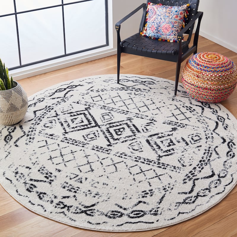 SAFAVIEH Tulum Hinnertje Rustic Moroccan Boho Tribal Distressed Rug - 3' Round - Ivory/Black