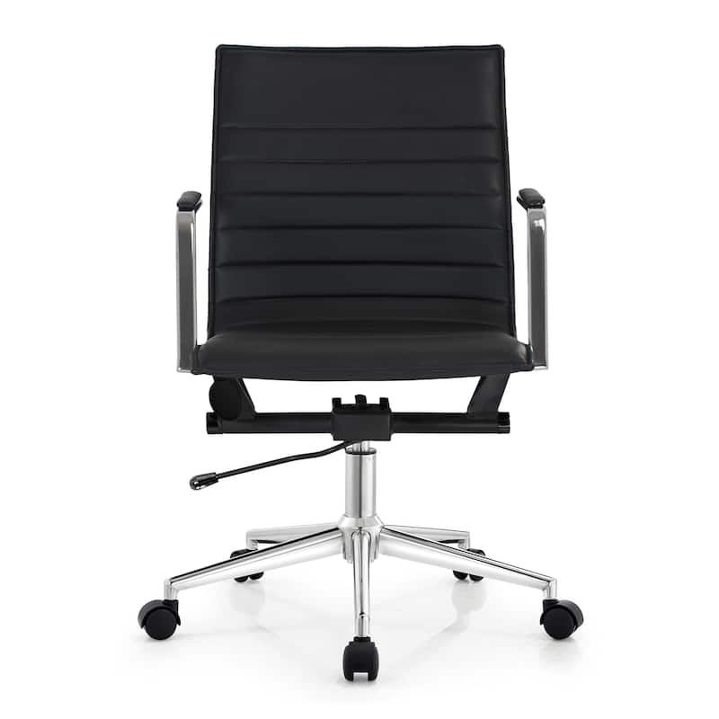 Modern Office Desk Chair | Upholstered PU Leather Ribbed Mid Back with Metal Frame | Adjustable Height, Tilt Lock - N/A