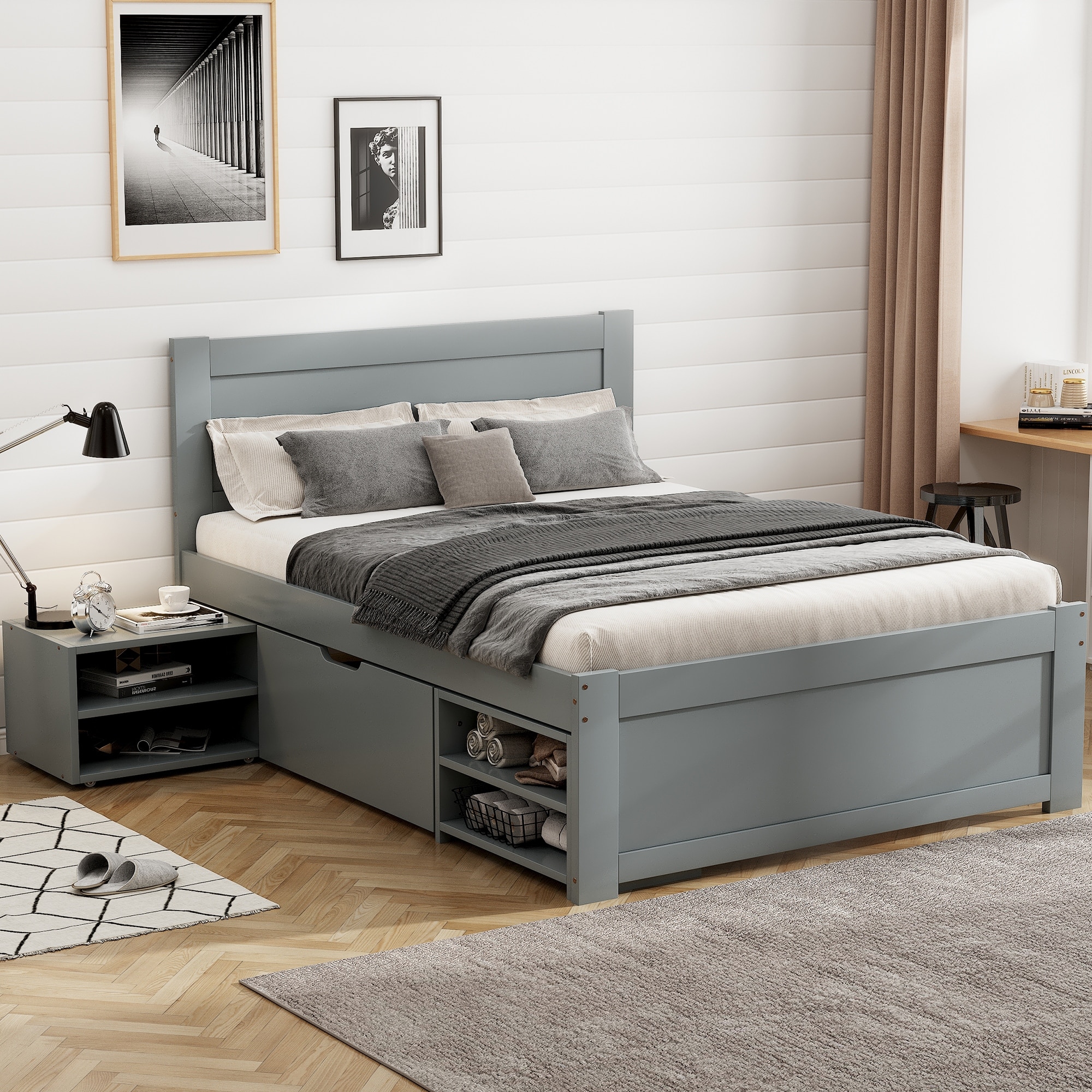 Platform Bed With Storage Drawer & Two Shelves, Bed Frame With Headboard