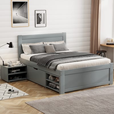 Twin Size Platform Bed, Modern Storage Bed Frame With Drawer and 2 Shelves Under Bed