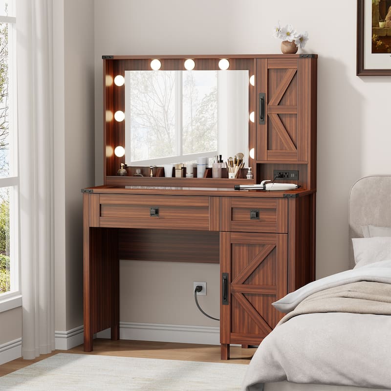 39.3" Farmhouse Makeup Vanity Desk with Mirror and LED Lights, Rustic Vanity Table - Rustic Brown