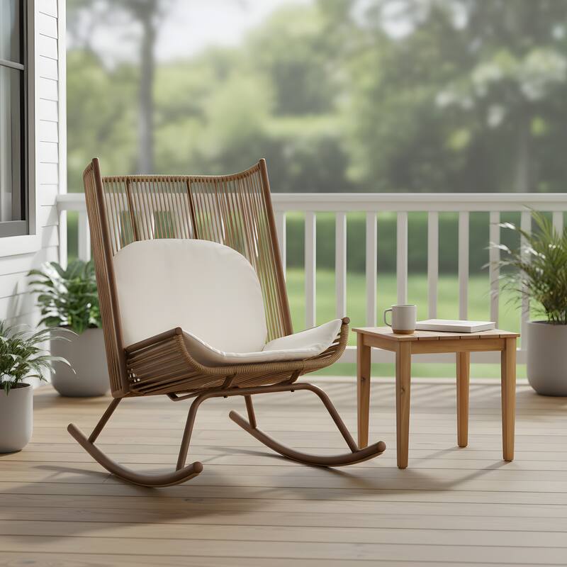 Christopher Knight Home - Outdoor Rocking Chair with PE Rattan and Wooden Side Table Set - Brown+Teak