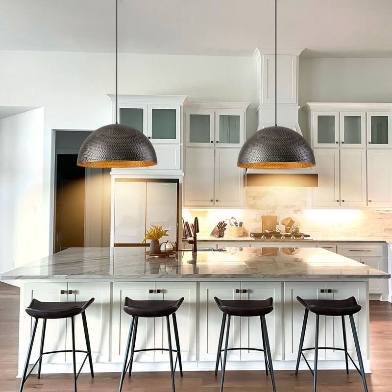 1-Light Industrial Farmhouse Oversized Pendant Gold Leaf Hammered Semi-Sphere Dome Pendant Light for Kitchen Island