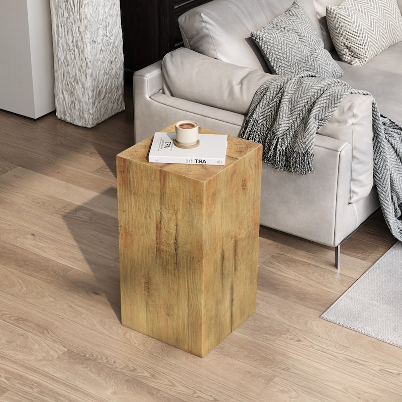 Distressed Wood-Effect End Table • Square Column Design in Multi-Height Set • Weather-Resistant for Indoor & Outdoor Decor