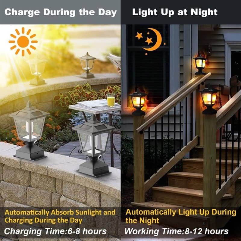 2-Pack Solar Post Cap Lights for 4x4 Fence Flickering Flame LED Waterproof Outdoor - N/A