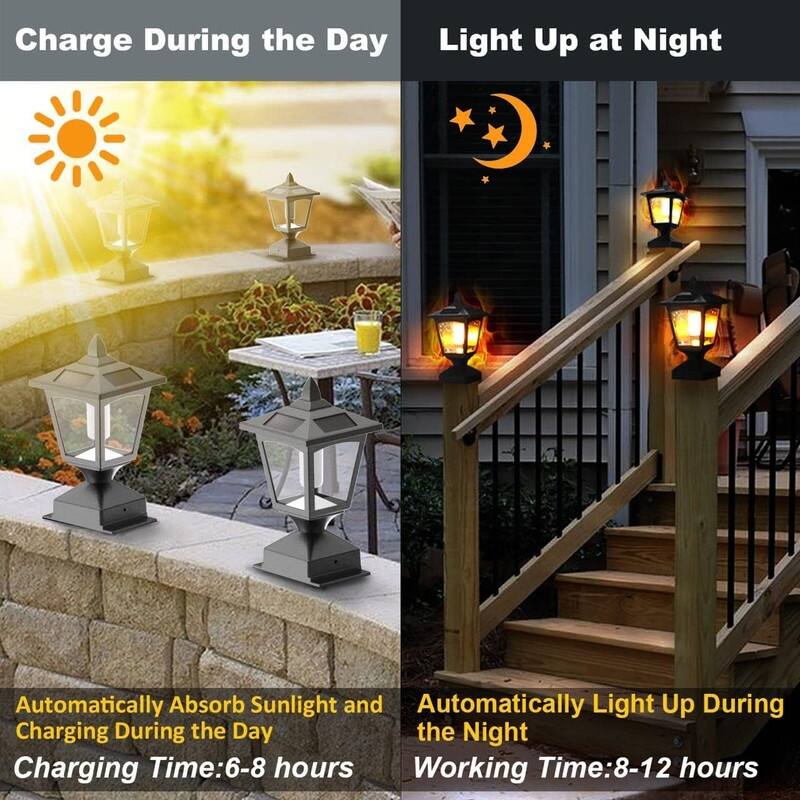 Solar Post Cap Lights for 4x4 Fence Flickering Flame LED Waterproof