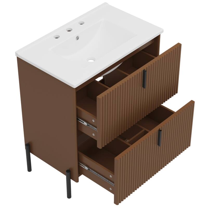 Bathroom Vanity with Ceramic Sink, Freestanding Bathroom Storage Cabinet, Fluted Bathroom Vanity with 2 Full-Extension Drawers