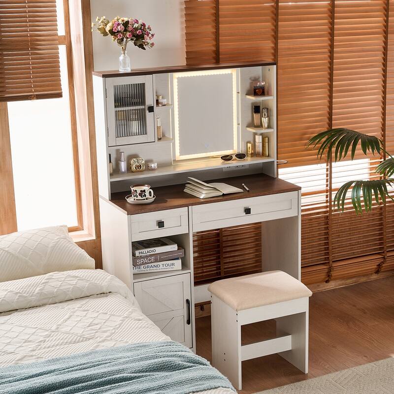 Vanity Desk with Touch Control Light Mirror, Dressing Table Set with Charging Station & Stool, Large Makeup Vanity Table