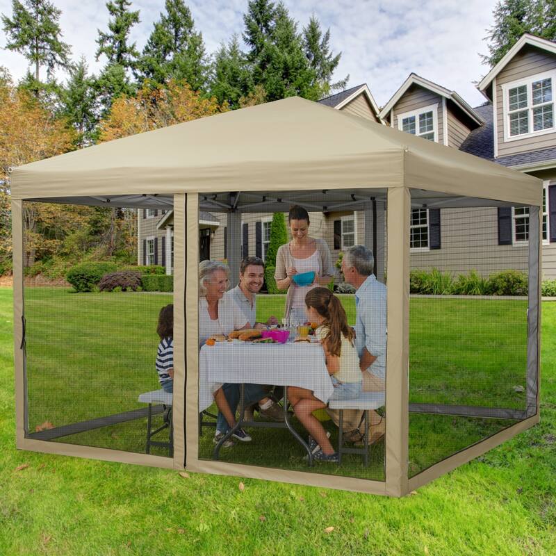 10x10 FT Pop Up Canopy Tent with Mosquito Netting, Adjustable Height, Portable Sun Shelter with Wheeled Bag