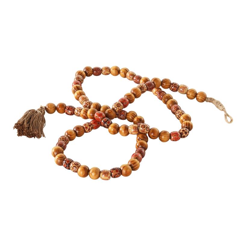 Red or Brown Wood Handmade Long Beaded Garland with Tassel with Bohemian Patterns
