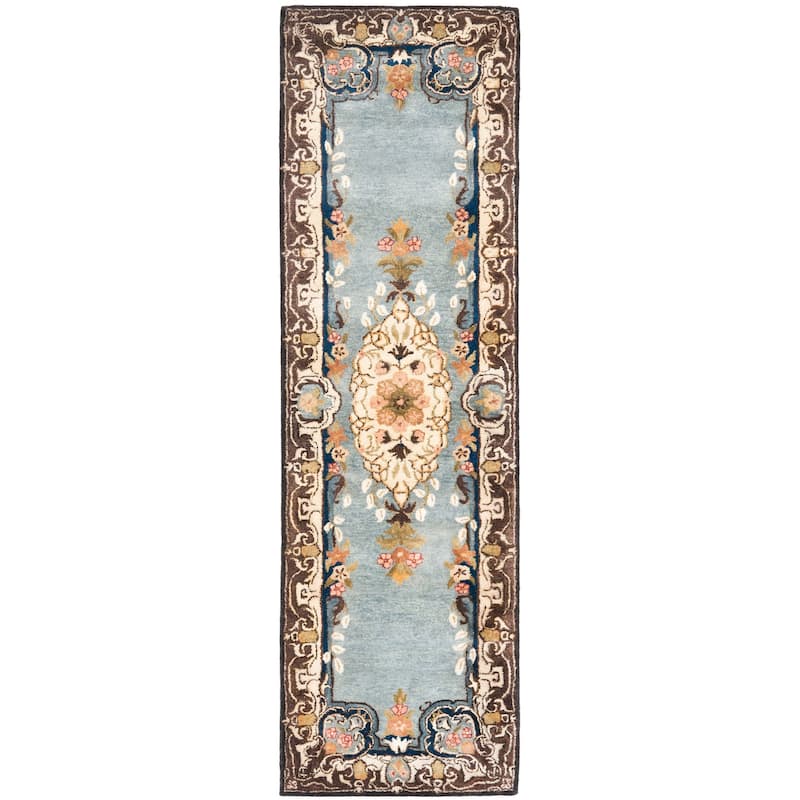 SAFAVIEH Handmade Bergama Gundel Oriental Hand-spun Wool Rug - 2'3" x 12' Runner - Light Blue/Ivory