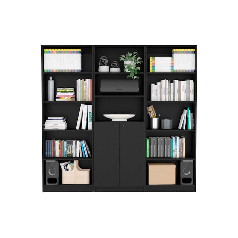 71inch Black Five Tier Bookcase with Two doors