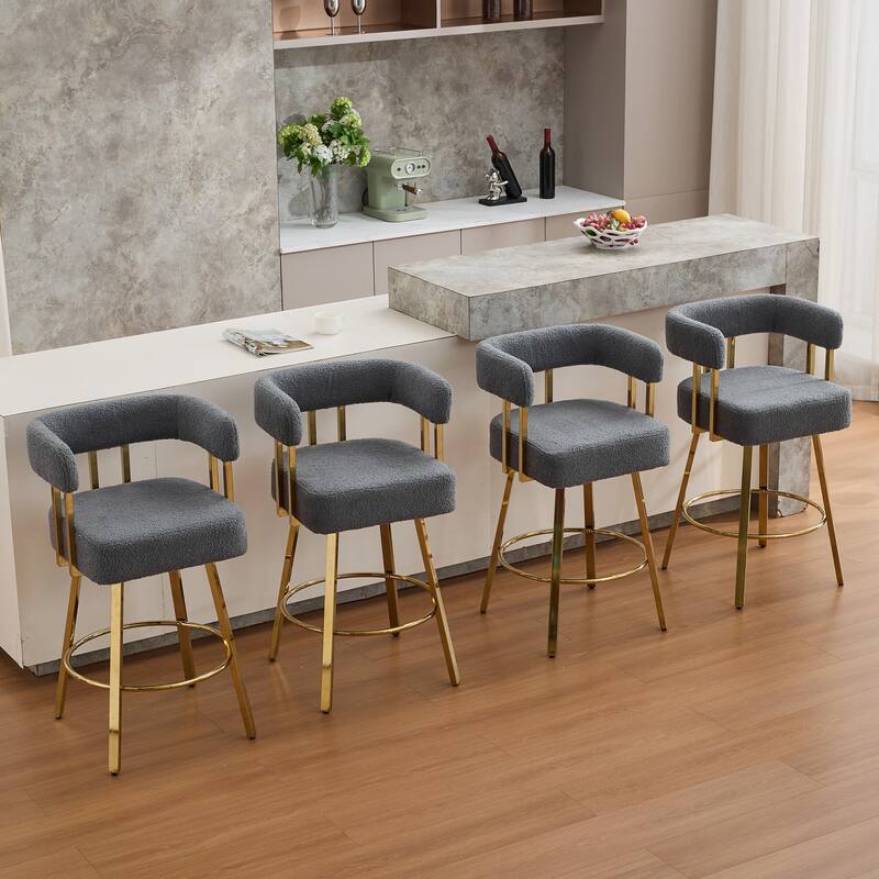 Set of 2 Modern Side Chairs, Gray Teddy Fleece with Gold Metal Legs & Foot Bar, for Living Room or Office