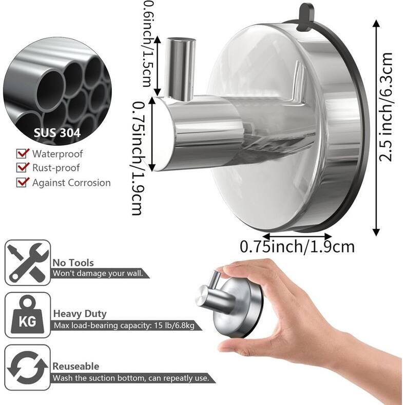 Bathroom Suction Cup Hooks 4 Piece Set 304 Stainless Steel 15lb Shower Hooks